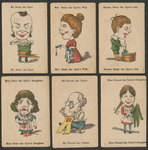 716058 Collage van zes kwartetkaartjes uit een Engelse stockserie, bestaande uit een kwartetspel met cartoons van ...